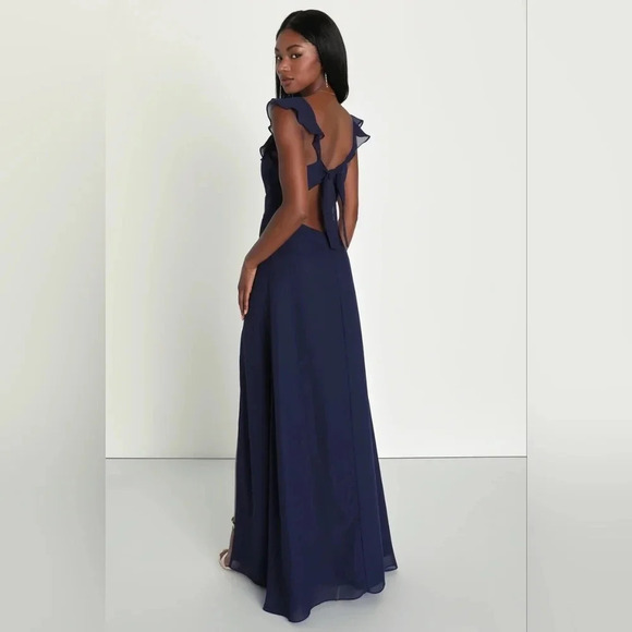 Lulu's Sweetest Entrance Navy Blue Ruffled Tie-Back Maxi Dress M Wedding Party - Picture 5 of 11